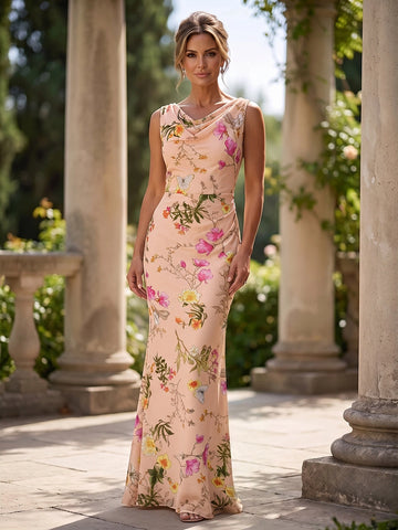 Vedress pink floral butterfly print chiffon cowl neck sheath wedding guest gown front view