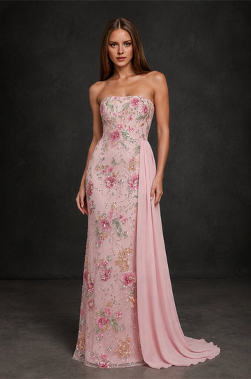 Blush pink floral mermaid Prom Dress with strapless neckline and flowing train front view