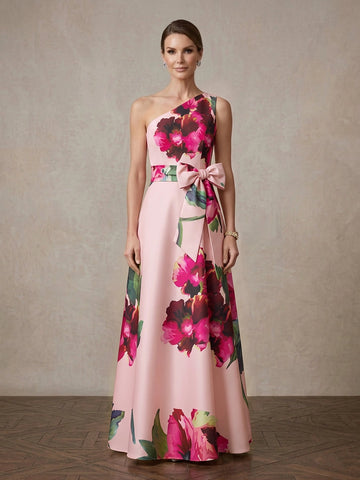 Vedress pink floral satin one shoulder a-line mother of bride gown front view