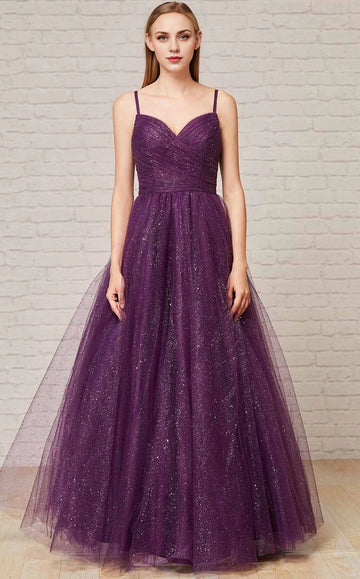 Purple glitter A-line prom dress with sweetheart neckline and spaghetti straps front view
