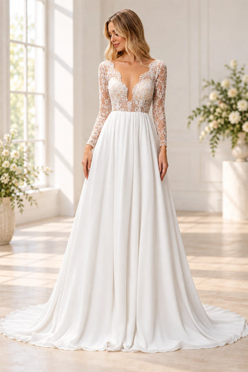Vedress A-line wedding dress with a plunging V-neck, sheer floral lace long sleeves and a plain flowing skirt with a train.