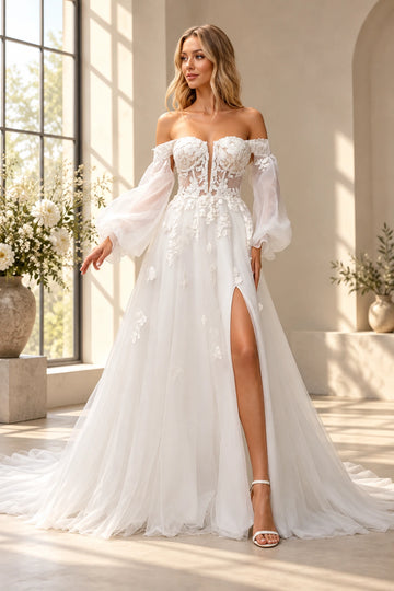 Vedress A-line wedding dress with sheer off-shoulder bishop sleeves, a floral corset-style bodice, plunging neckline and high leg slit.
