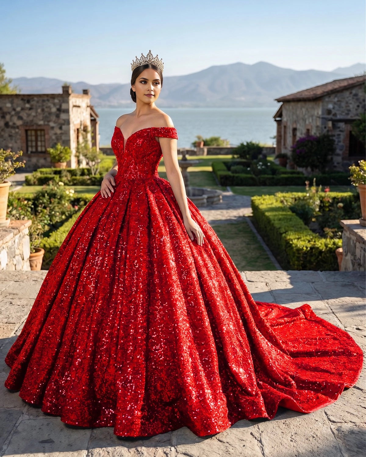 Vedress red off the shoulder V-neck quinceañera ball gown full sequins with train front view