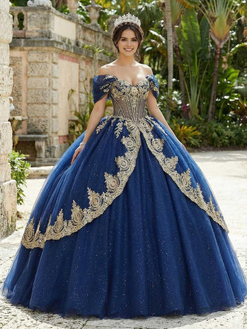 Vedress regal navy blue off-shoulder quinceanera ball gown short sleeve gold lace glitter tulle prom dress front view