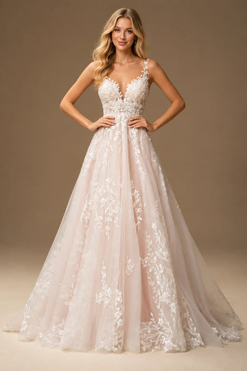Front view of romantic A-line floral tulle wedding dress with V-neckline and delicate straps