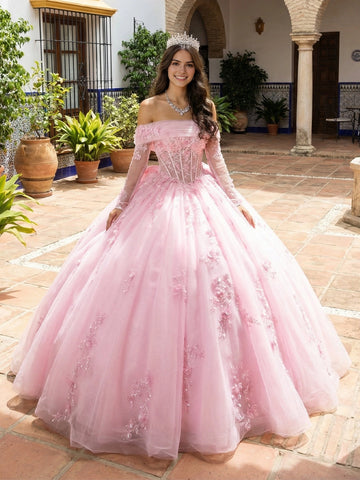 Vedress romantic blush pink off-shoulder quinceanera ball gown long sleeve 3D pink flower glitter tulle prom dress front view