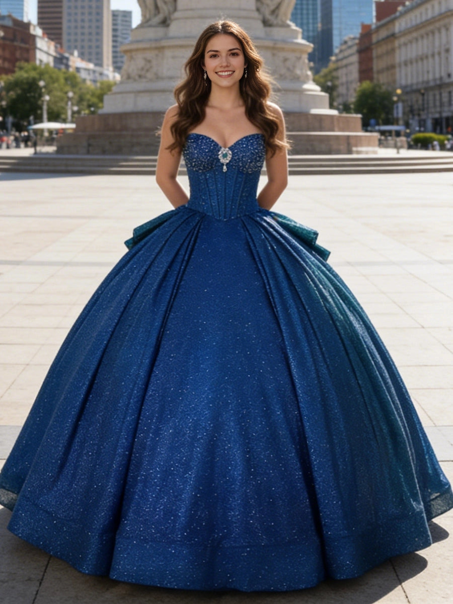 Vedress stunning royal blue strapless sweetheart quinceanera ball gown glitter fabric beaded bodice prom dress front view