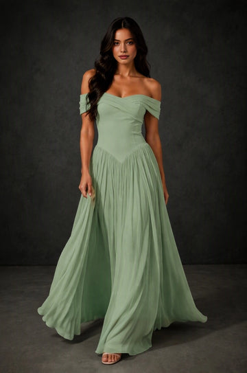 Vedress sage green A-line bridesmaid dress with an off-the-shoulder sweetheart neckline, draped short sleeves and a pointed waist.
