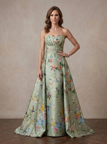 Vedress sage green floral bird print satin strapless a-line wedding guest gown front view