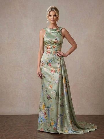 Vedress sage green peacock floral print satin cowl halter sleeveless sheath mother of bride gown front view with side drape train