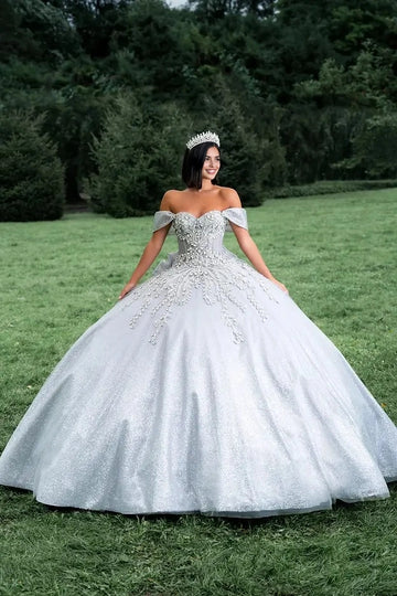 Vedress silver glitter ball gown quinceañera dress sweetheart off shoulder rhinestone bodice front view