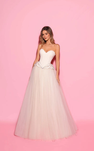 Front view of a strapless sweetheart wedding dress with a pointed waist and full floor-length skirt