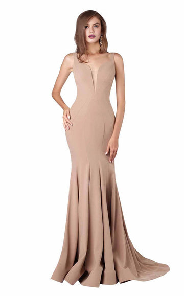 Front view of a taupe mermaid wedding guest dress with wide straps, a plunging V neckline and flared hem