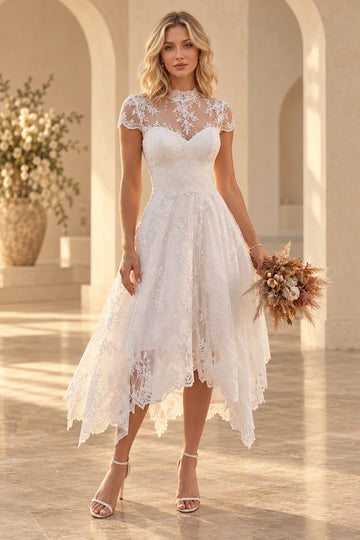Front view of tea-length lace wedding dress with illusion high neckline and cap sleeves