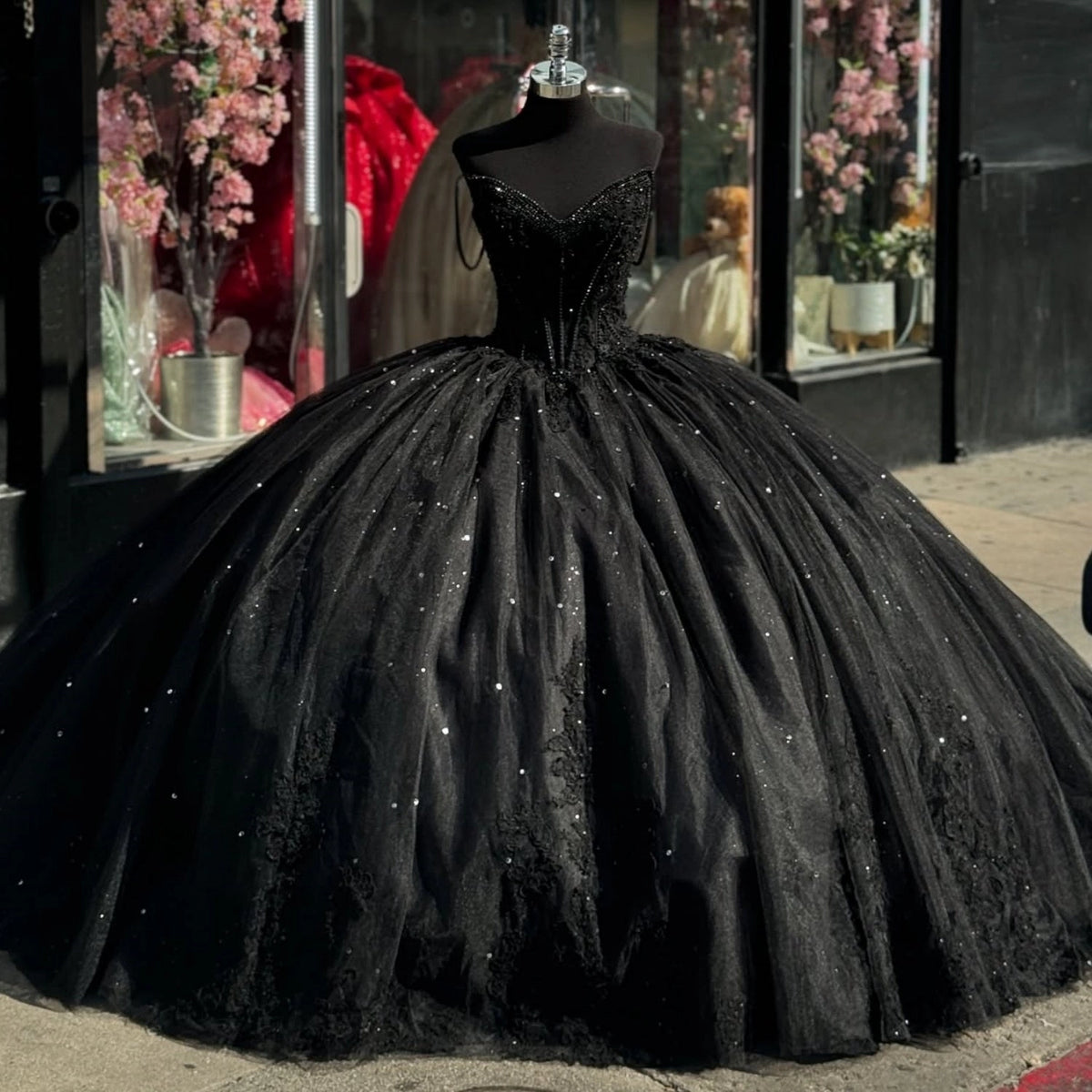 Vedress black strapless sweetheart quinceanera prom dress black lace glitter tulle ball gown front view