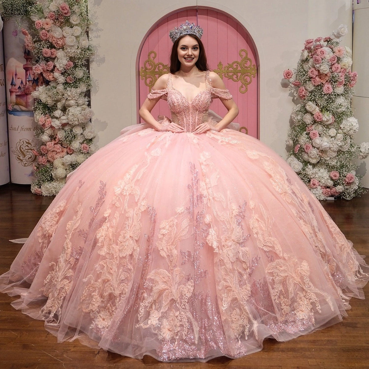 Vedress blush pink off‑shoulder quinceanera prom dress layered glitter lace ball gown