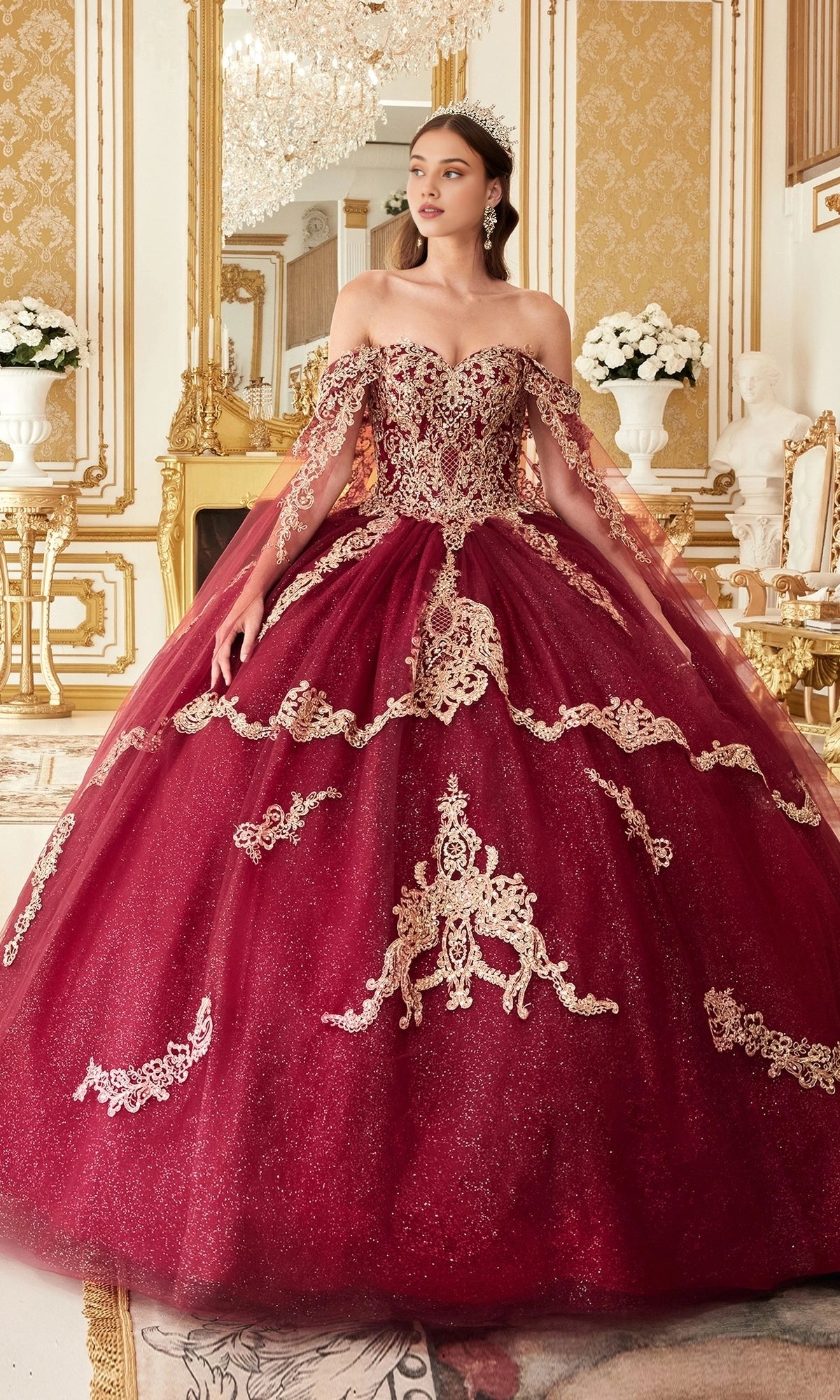Vedress regal burgundy gold lace off‑the‑shoulder cape sleeve quinceanera ball gown front view