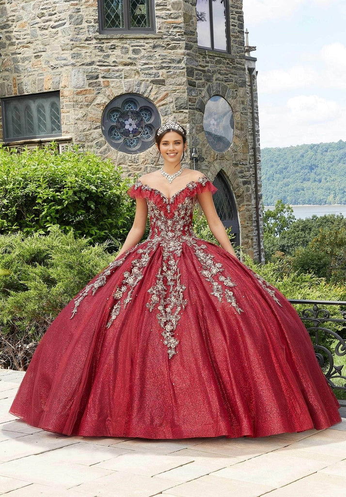 Vedress burgundy quinceanera prom dress ball gown off‑shoulder v‑neck ruffle short sleeve silver lace appliques front view