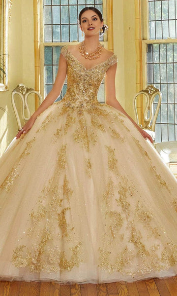 Vedress champagne quinceanera prom dress ball gown v‑neck cap sleeve gold lace appliques glitter tulle front view