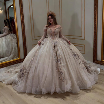 Vedress champagne quinceanera prom dress ball gown off‑shoulder long sheer sleeve floral applique glitter tulle front view