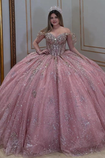 Vedress dusty rose off‑the‑shoulder quinceanera prom dress glitter fireworks tulle ball gown front view