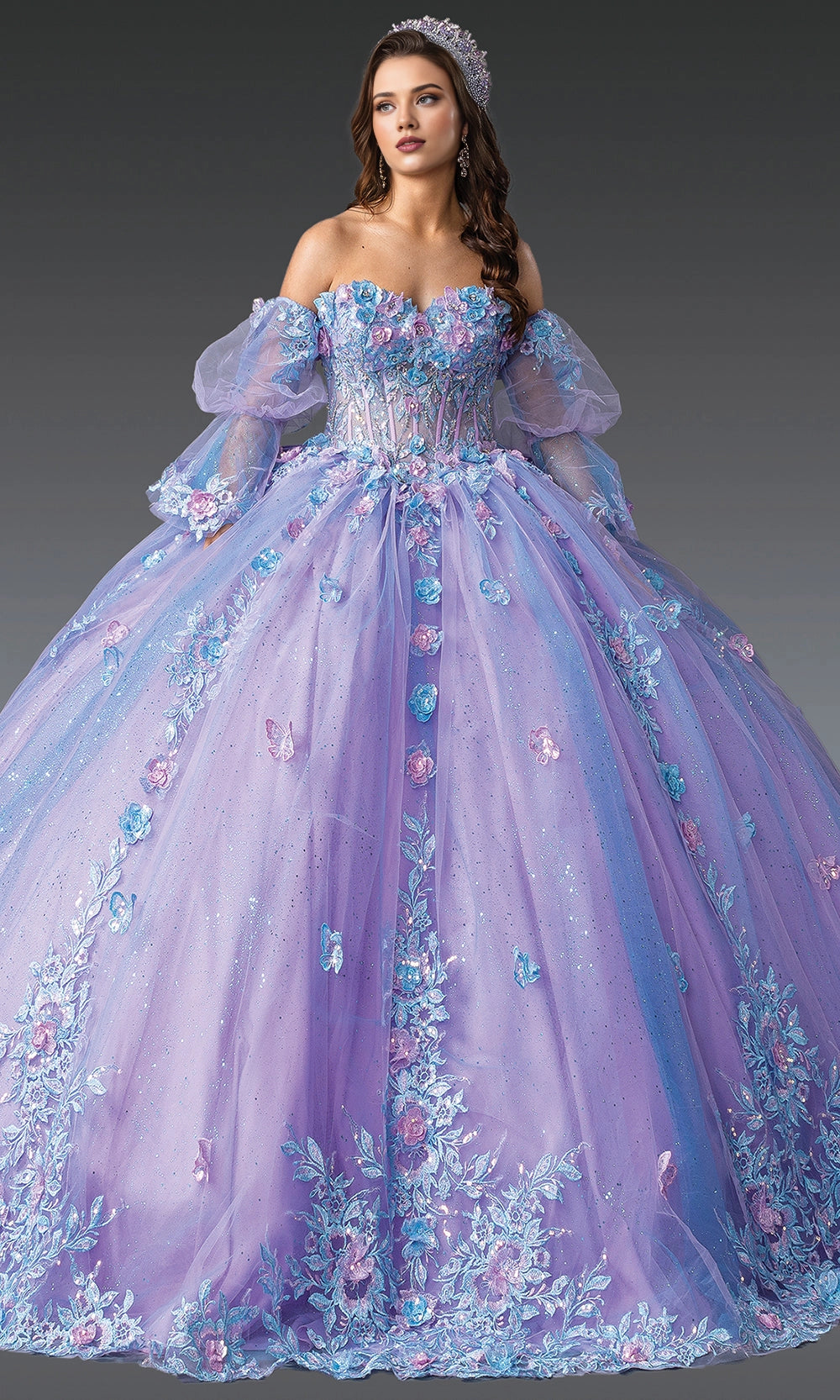 Vedress lavender off‑shoulder puff long sleeve quinceanera prom dress 3d flower butterfly glitter ball gown