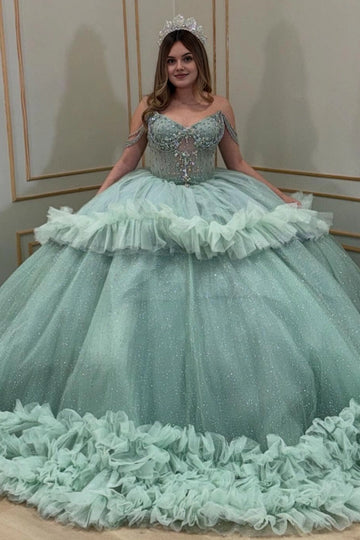 Vedress mint green off‑shoulder quinceanera prom dress ruffled glitter tulle ball gown