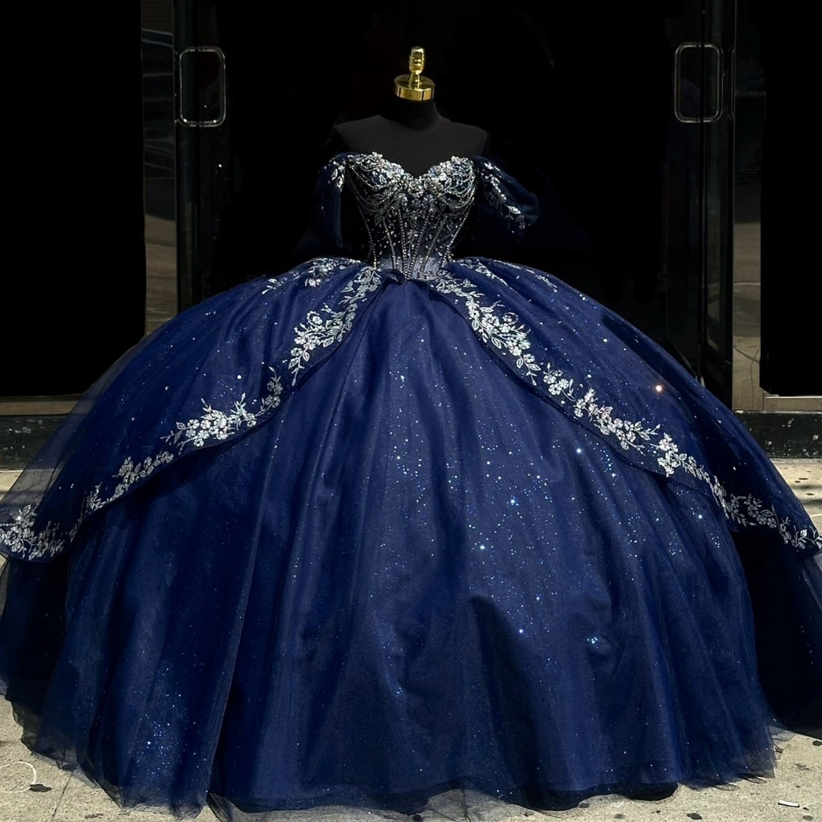 Vedress navy blue off‑the‑shoulder quinceanera prom dress silver floral star glitter tulle ball gown front view