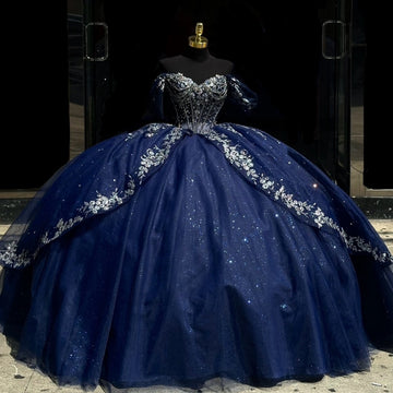 Vedress navy blue off‑the‑shoulder quinceanera prom dress silver floral star glitter tulle ball gown front view