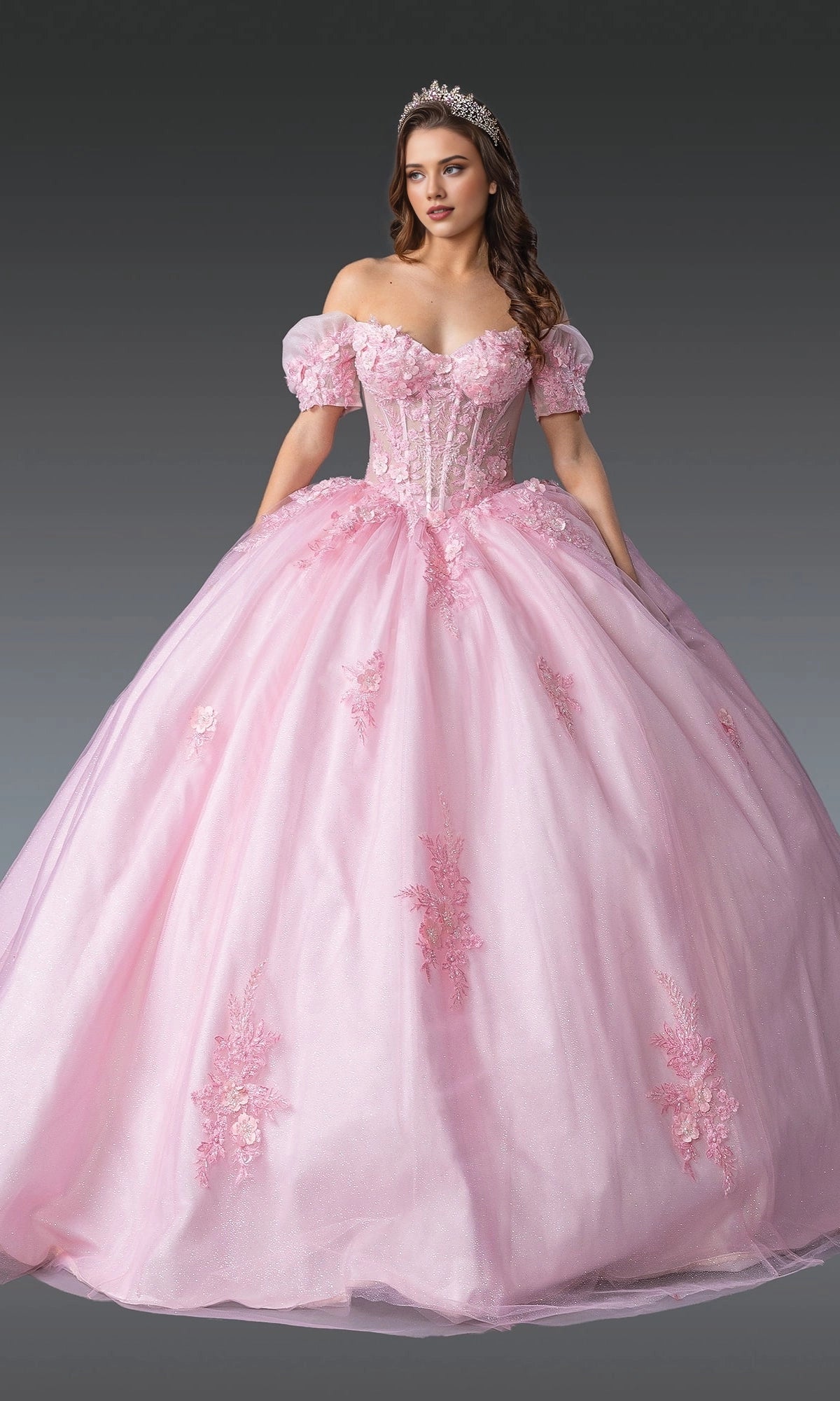 Vedress pink off‑shoulder puff sleeve quinceanera prom dress with 3d floral appliques ball gown front view