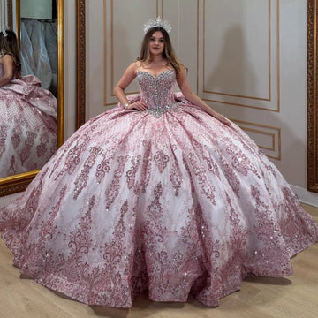 Vedress pink white strapless sweetheart quinceanera prom dress glitter lace ball gown