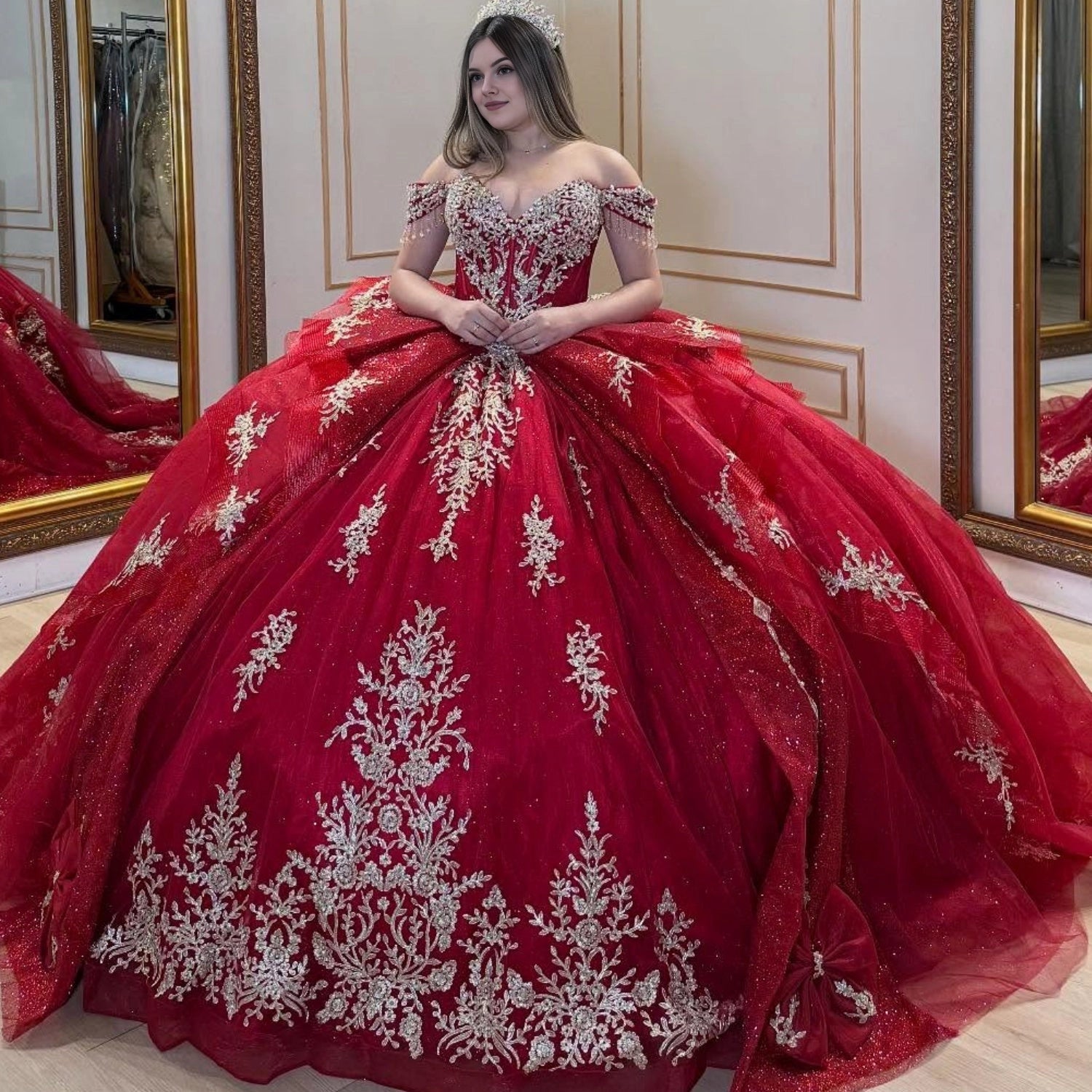 Vedress red off‑the‑shoulder quinceanera prom dress silver lace glitter tulle ball gown front view