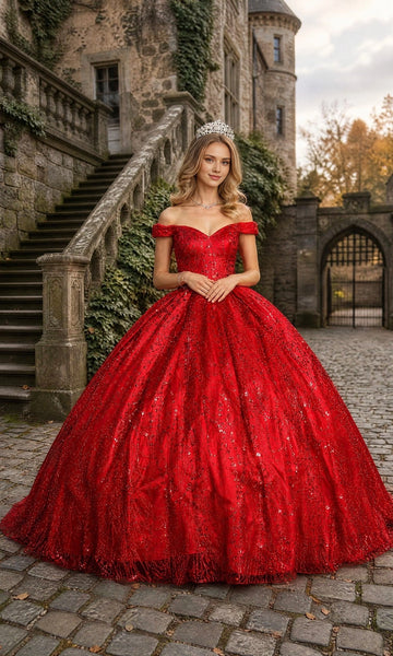 Vedress luxury red sequined off‑the‑shoulder ball gown prom dress front view