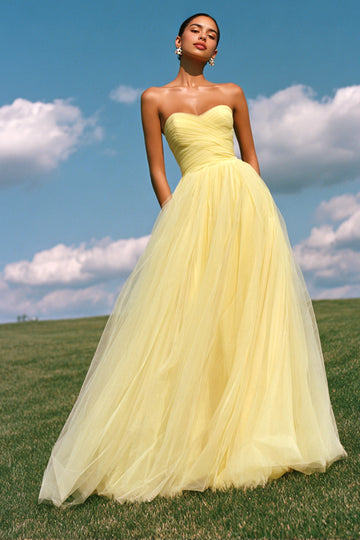 Yellow strapless sweetheart A-line long Prom Dress with tulle skirt by Vedress