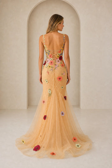 Romantic Mermaid V Neck Sleeveless Lace Up Sweep Train Prom Dress