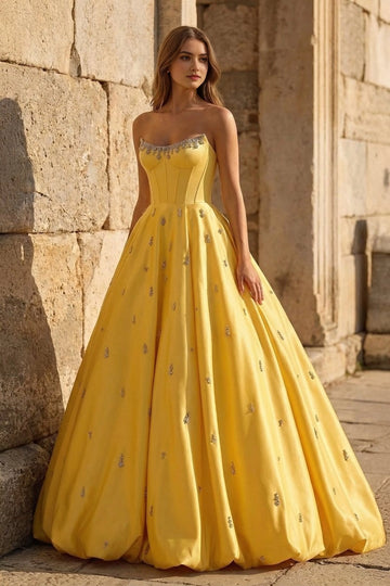 Yellow strapless sweetheart ball gown prom dress with sparkling embellishments by Vedress