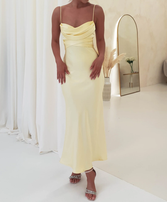 Elegant Soft Satin Slip Bridesmaid Dress with Deep V-Neck Mermaid Silhouette Ankle length Party Dresses