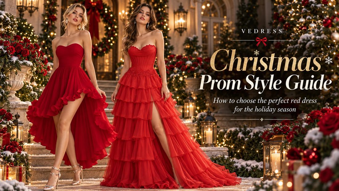 Two models wearing red short high-low and long ruffled Christmas prom dresses in an elegant festive holiday setting by Vedress.