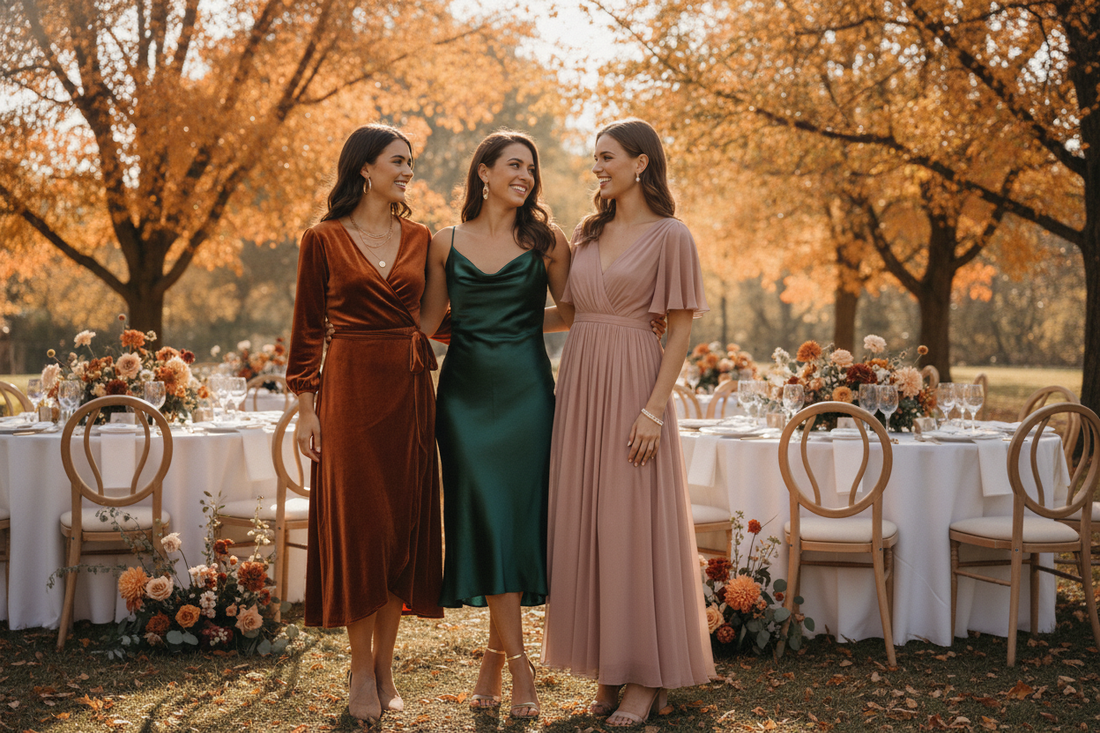 Trending fall wedding guest dress colors 2026 in rust, emerald, and blush at an outdoor celebration