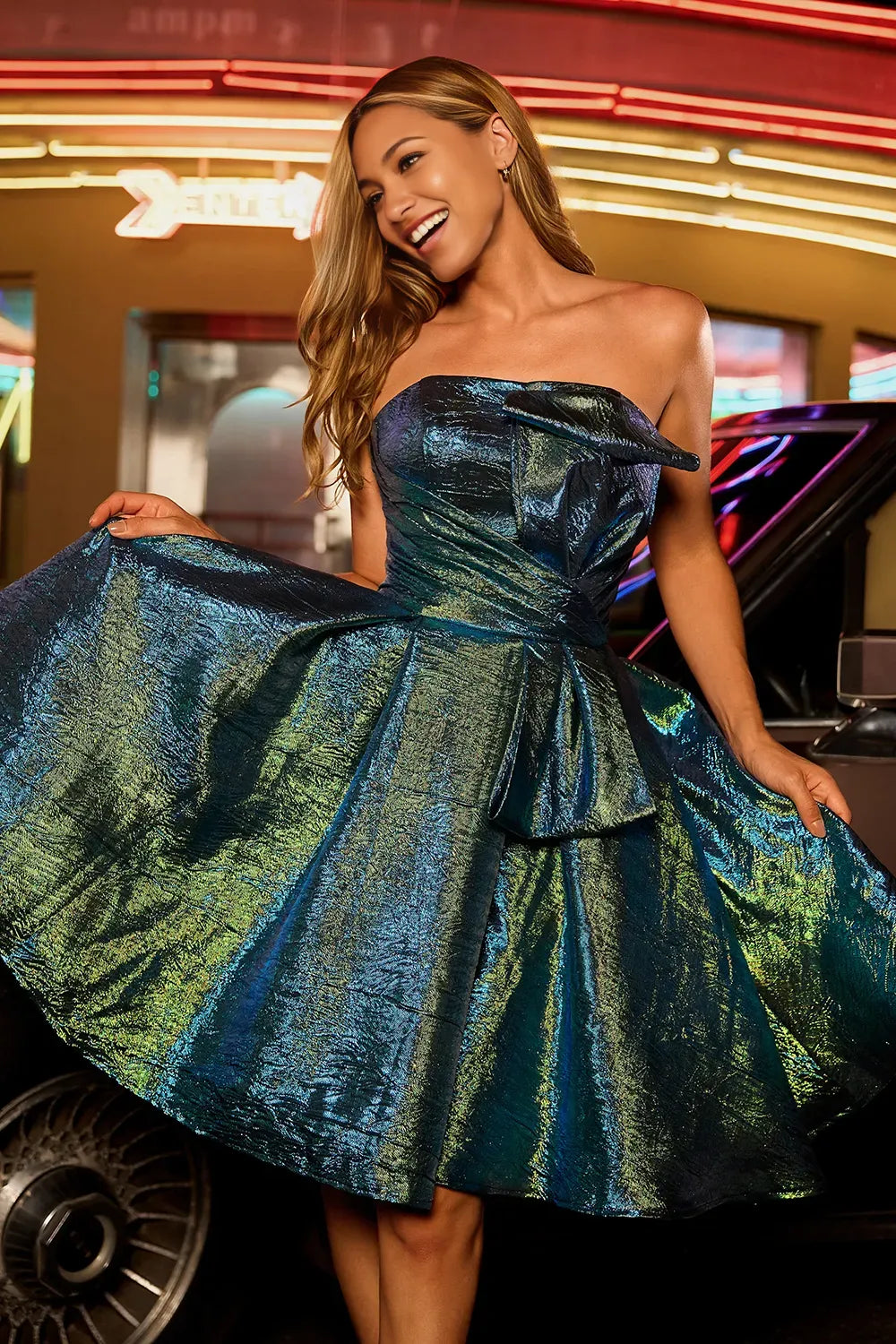 Strapless Iridescent Metallic Bow Detail A-Line Mini Homecoming Dress