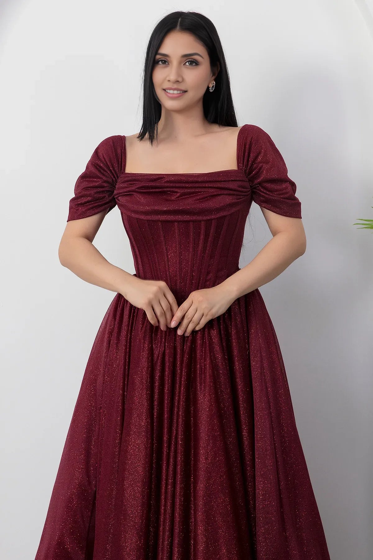Romantic A-Line Square Neck Short Sleeve Glitter Tulle Lace-Up Formal Party Cocktail Dress