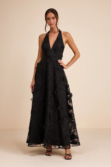 A-line halter V-neck sleeveless maxi dress with lace embroidery, 3D floral applique details, open back, fitted bodice, and flowing skirt