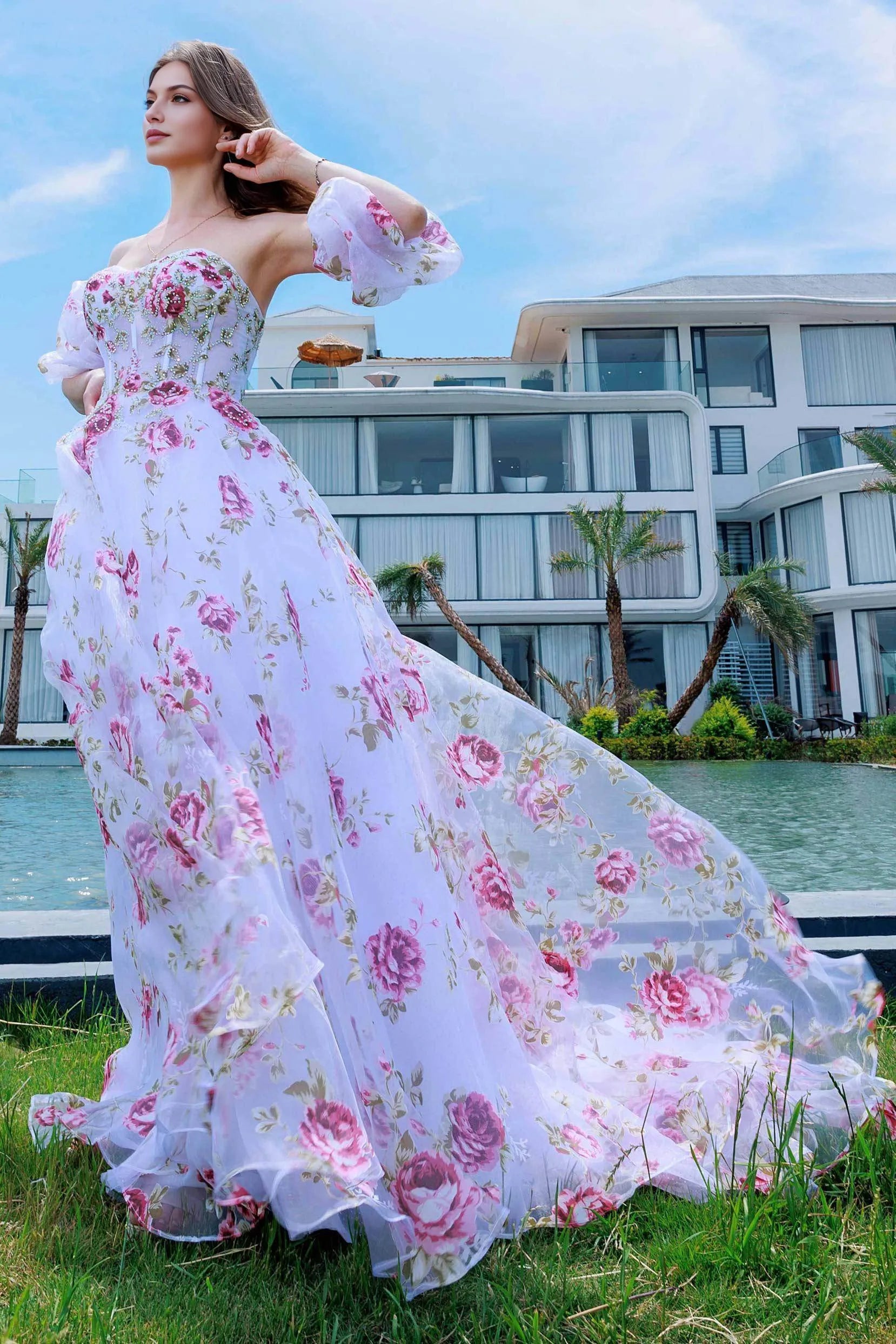 Romantic A-Line Sweetheart Off-Shoulder Floral Print Organza Sweep-Brush Train Prom Gown