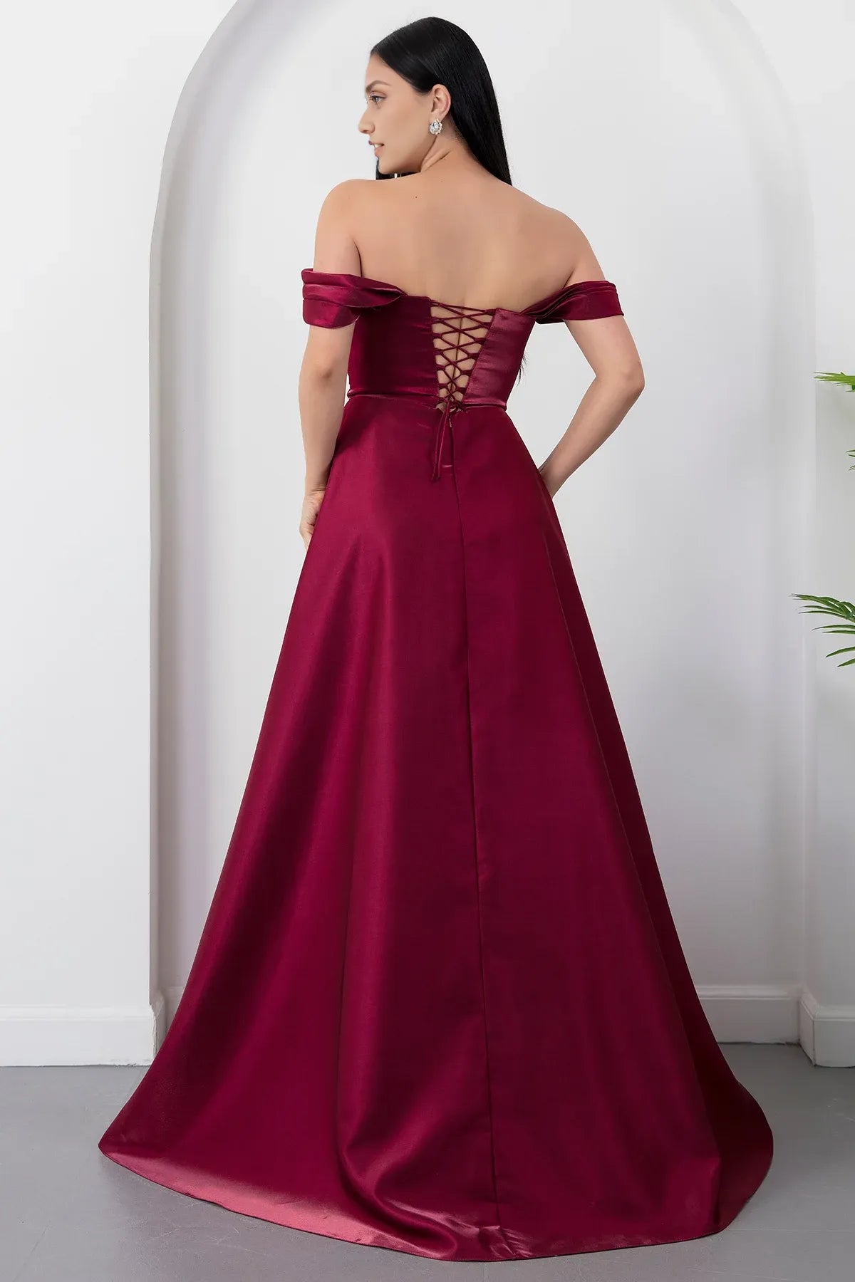 A-Line Off-Shoulder Satin Formal Evening Dress with Rhinestone Embellished Bust