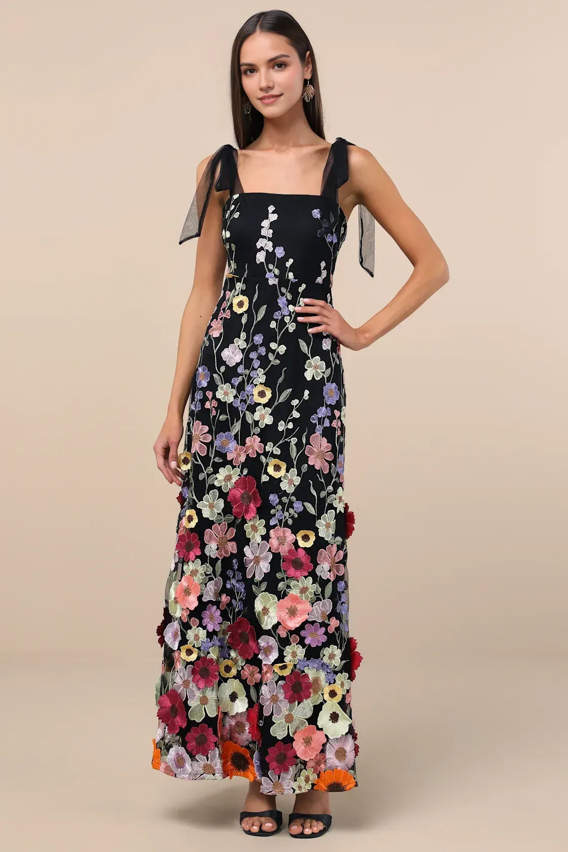 Romantic A-Line Square-Neck Sleeveless Mesh Floral Applique Cocktail Dress Tie-Strap Wedding Guest Dress