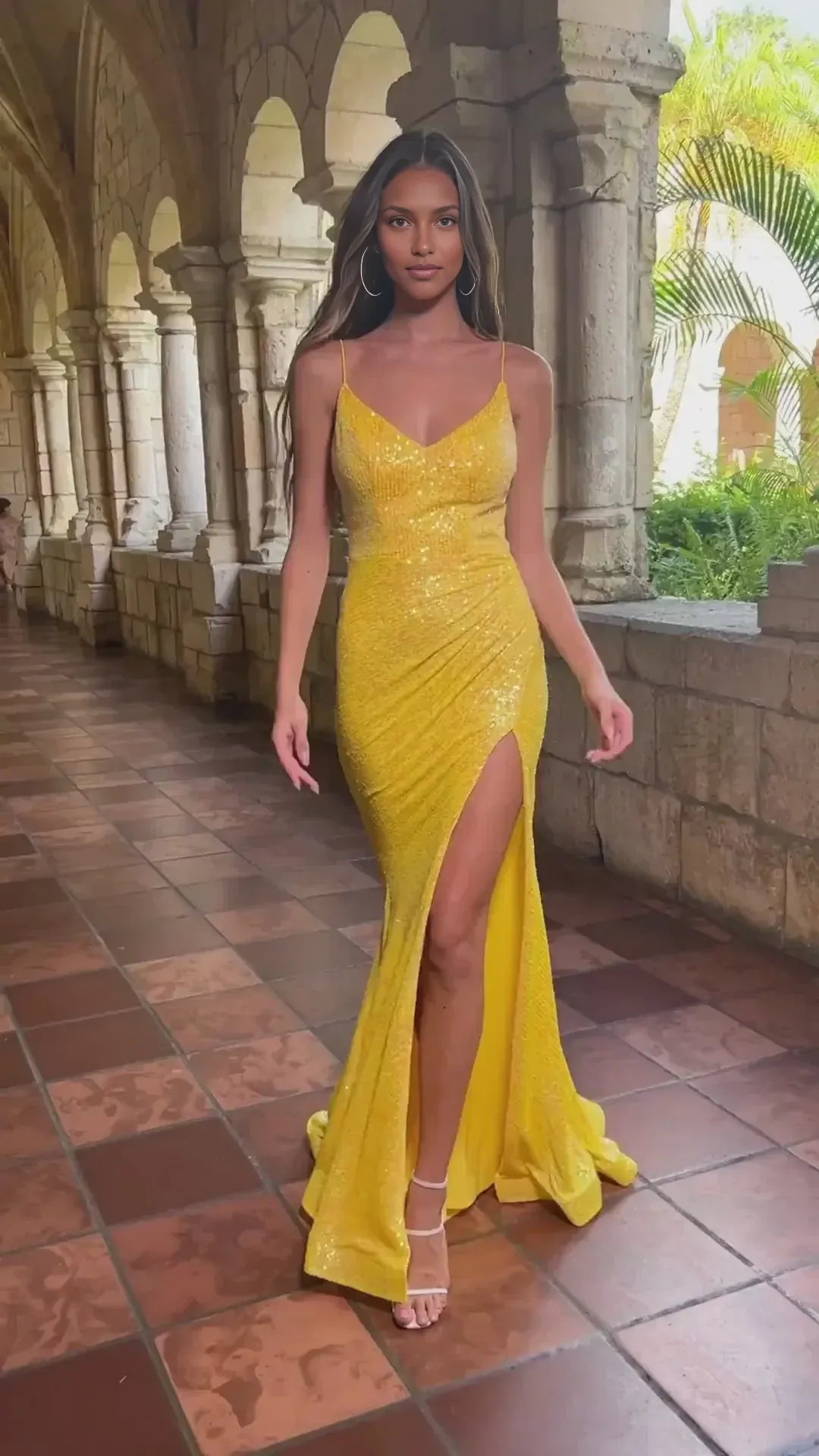 Mermaid Spaghetti Strap V Neck Sequin Ruched High Slit Prom Dress