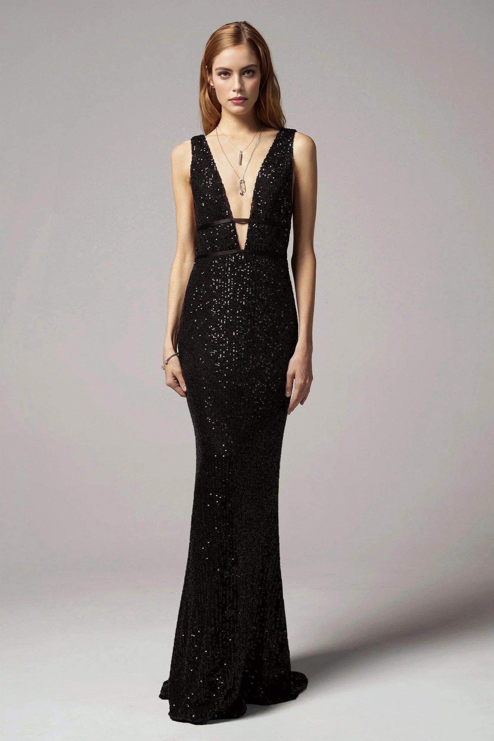 Sleek Sheath Trumpet Plunge Neck Sleeveless Sequin Open-Back Evening Dress