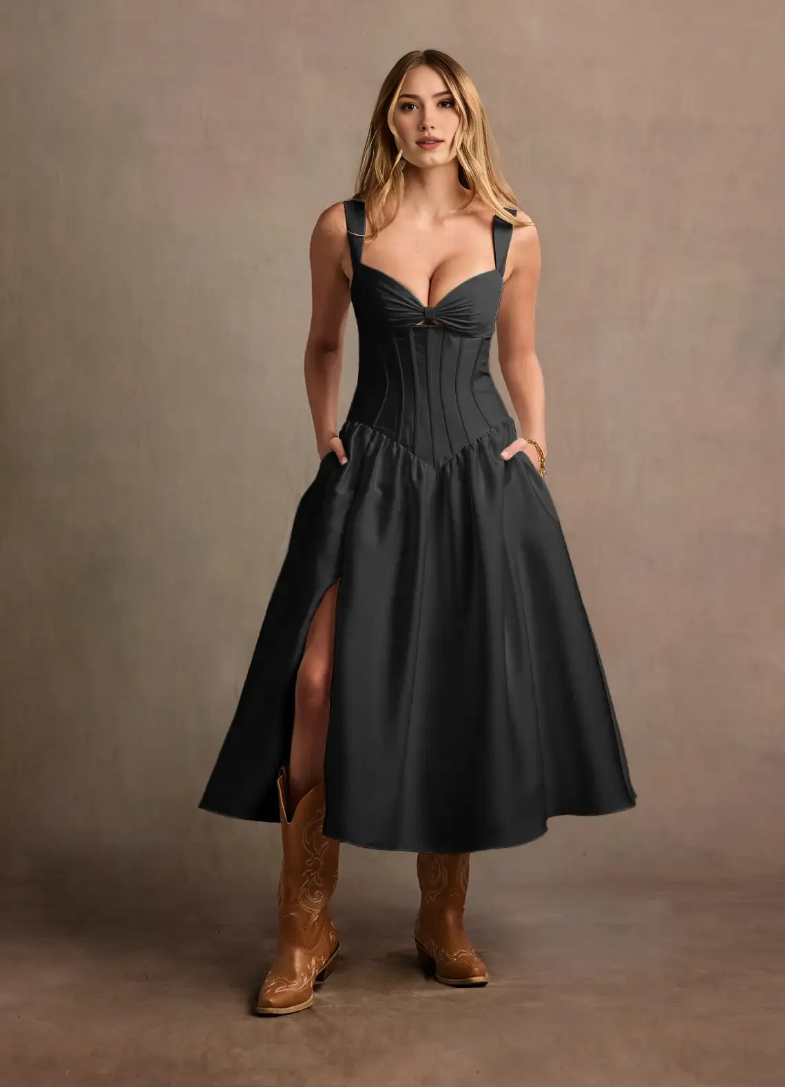 Aline Sweetheart Sleeveless Satin Midi Length Split Laceup Corset Dropped Waist Party Dress