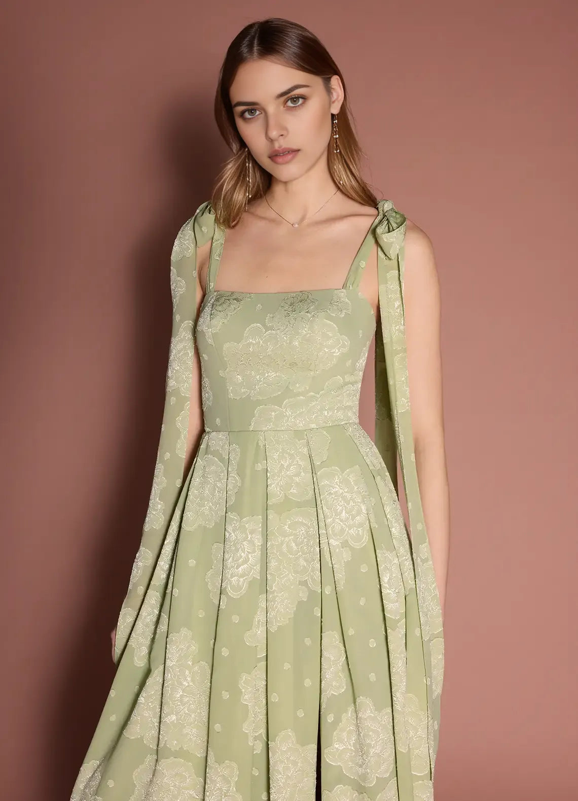 Elegant A-line Square Neck Sleeveless Jacquard Maxi Tie Slit Wedding Guest Dress