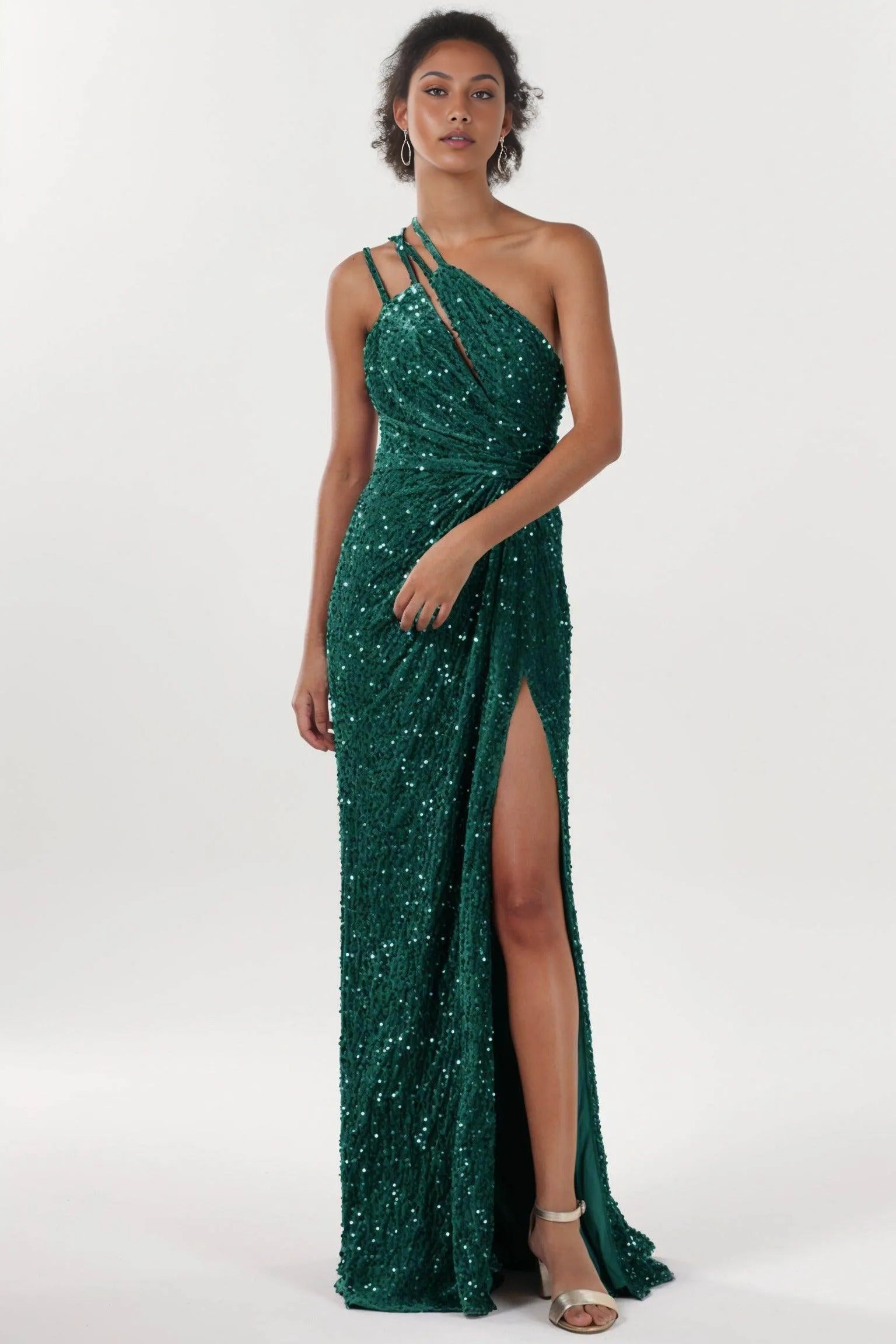 Sheath One-Shoulder Sleeveless Velvet Sequin Ruched Evening Dress With Sweep-Brush Train